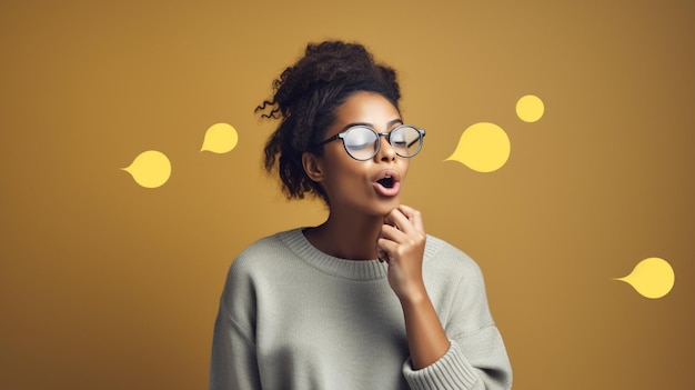 A woman with glasses and a question mark on her face