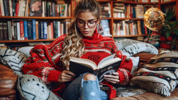 Photo a woman with glasses reading a book on a couch