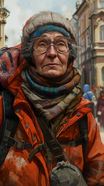 a woman with glasses and a red jacket with a black and orange jacket on