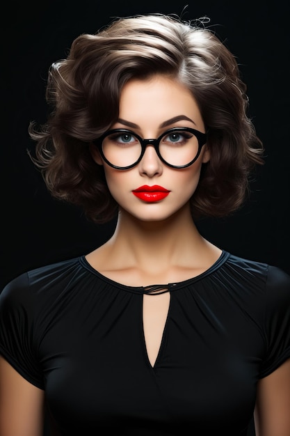 Woman with glasses and red lipstick on her lips Generative AI