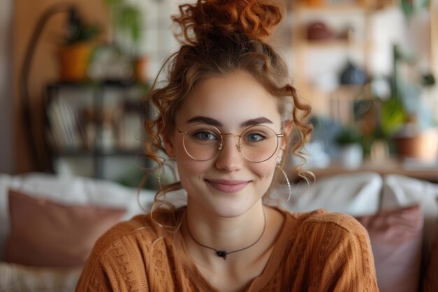 A woman with glasses sitting on a couch