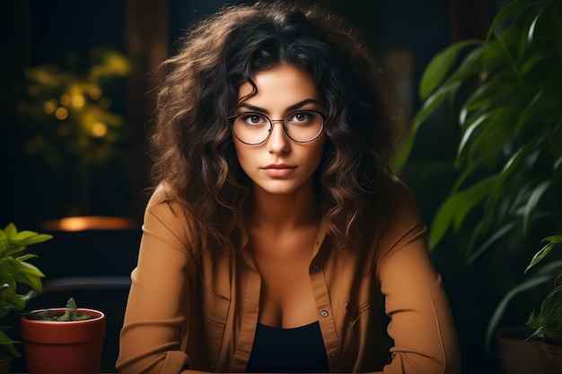 Woman with glasses sitting at table with cup Generative AI