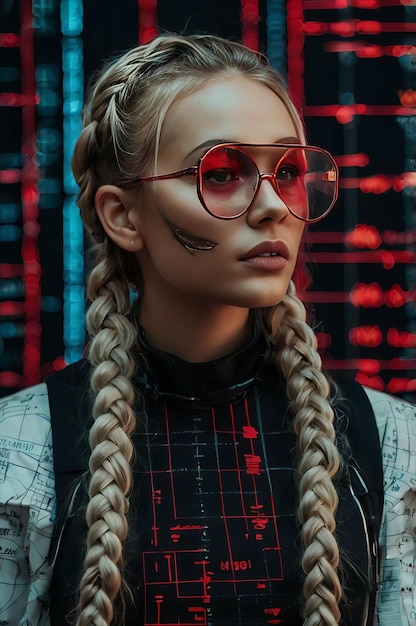 Photo a woman with glasses and a skull on her face is wearing a pair of red framed glasses