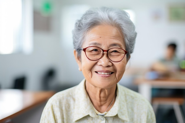 a woman with glasses smiling at the camera