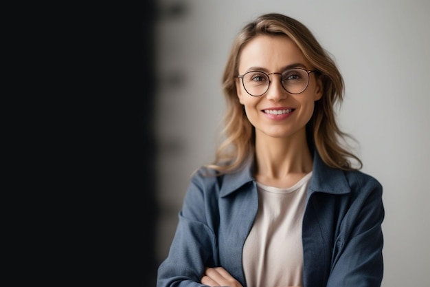 A woman with glasses stands in front of a blackboard