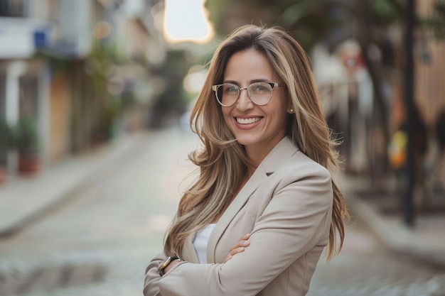 a woman with glasses and a tan jacket stands in the street