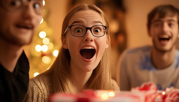 Photo a woman with glasses that is laughing and laughing