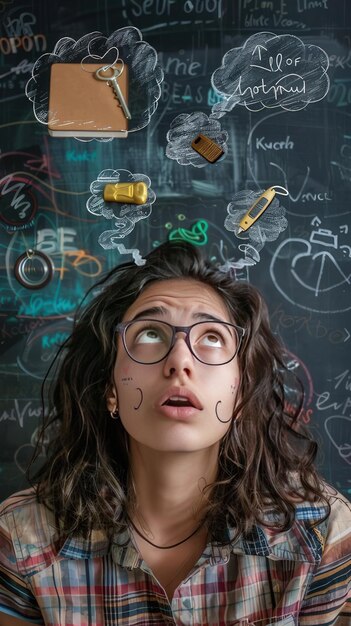 Photo a woman with glasses and a thought bubble above her head captured beautifully