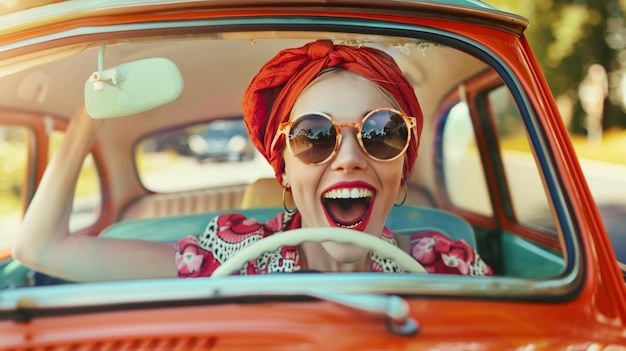 Photo a woman with glasses on and a yellow shirt is driving a car with a red hair