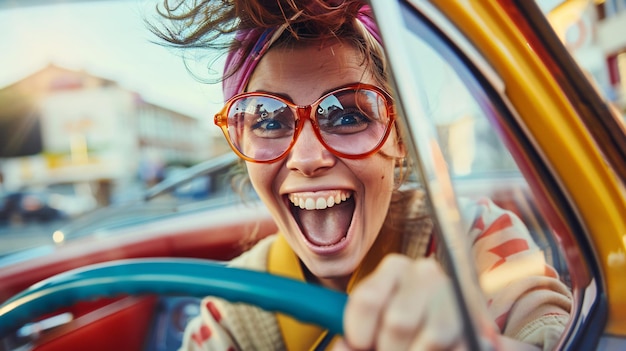 Photo a woman with glasses on and a yellow shirt is driving a car with a red hair