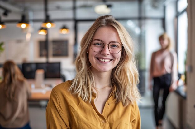 Photo a woman with glasses and a yellow shirt is smiling