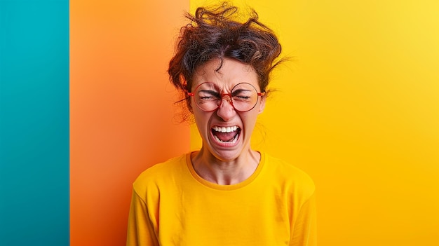 Photo a woman with glasses and a yellow shirt that says angry