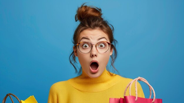 A woman with glasses and a yellow sweater is holding shopping bags