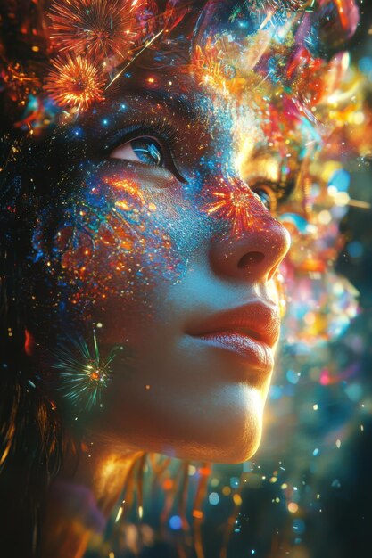 Woman with glitter on face surrounded by colorful fireworks at night