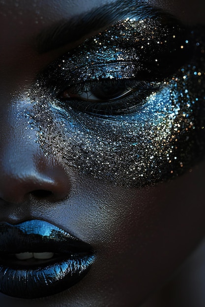 Photo a woman with glitter on her face and the word glitter on her face