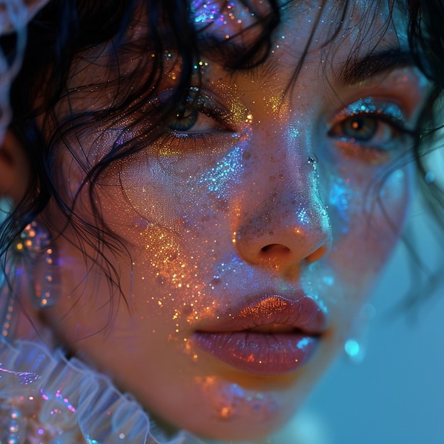 a woman with glitter on her face and the word sparkle on her face