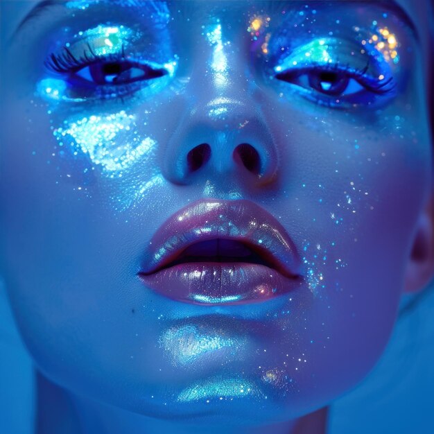 Photo a woman with glittery makeup in blue light