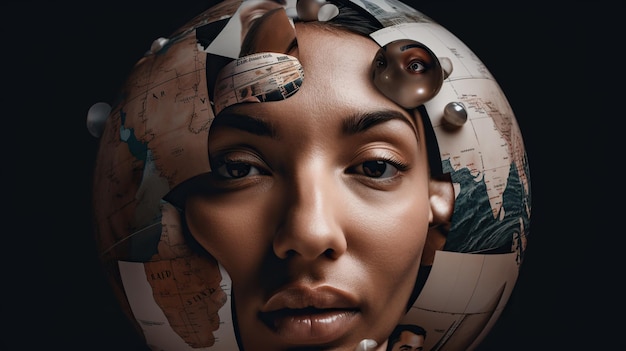 A woman with a globe on her head