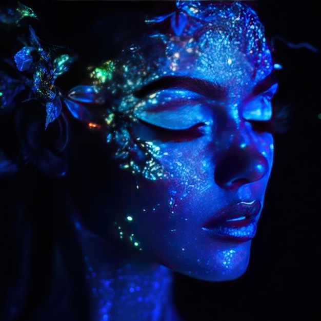 A woman with glowing blue and green face paint in the dark