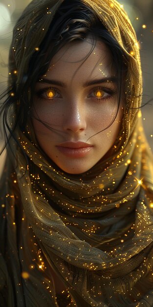 a woman with glowing eyes and a scarf with gold stars on the face