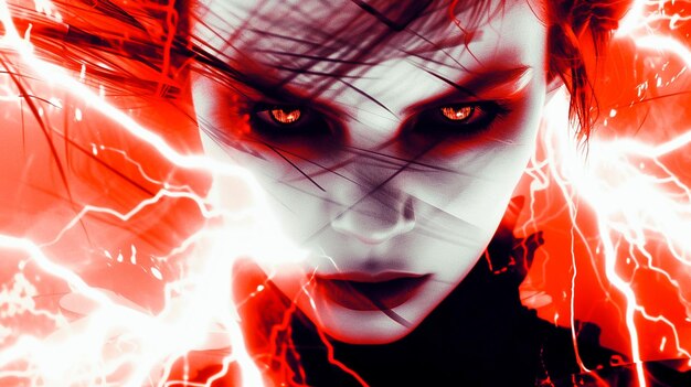 Photo a woman with glowing orange eyes surrounded by red lightning