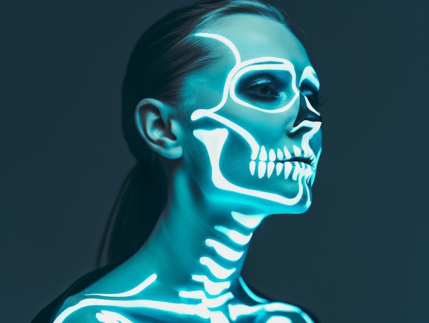 Photo woman with glowinthedark skeleton makeup for halloween party or costume