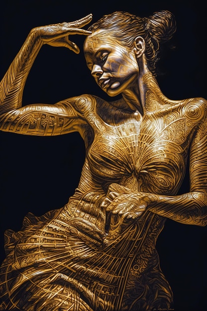 A woman with a gold body and a black background is shown.