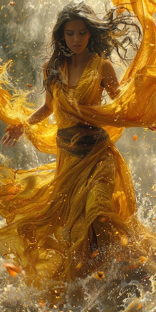 a woman with a gold dress on and a torch in the air