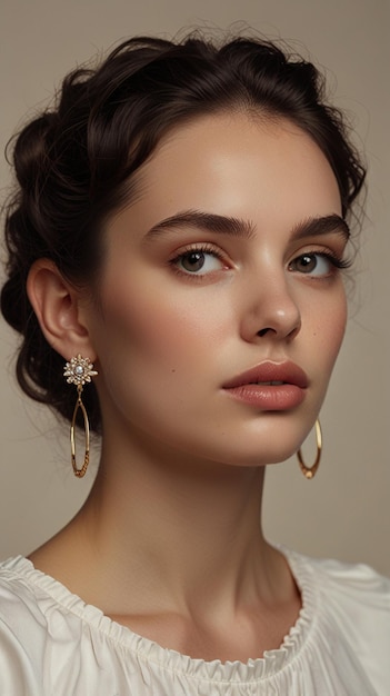 a woman with a gold earring is wearing a silver earring