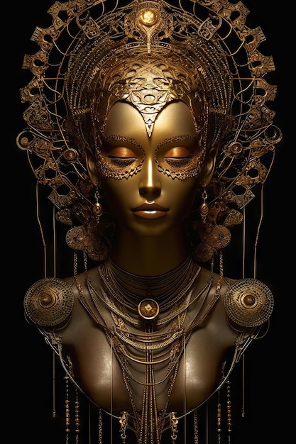 A woman with gold eyes and gold jewelry