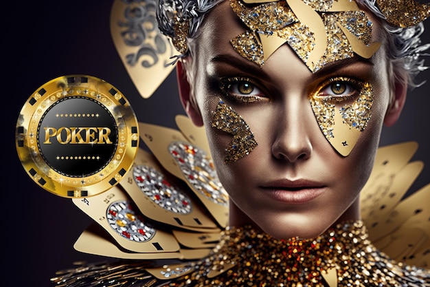 A woman with gold face and gold face paint with the word poker on it.