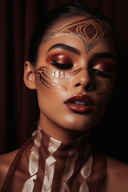 A woman with a gold face paint and a dark background