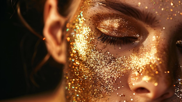 Photo a woman with gold glitter and a gold glitter look like a makeup