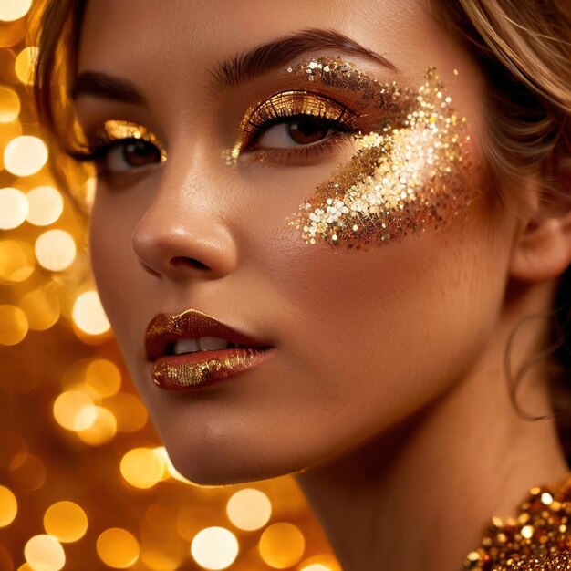 Photo woman with gold glitter on her face luxury glamorous fashion fun beauty concept