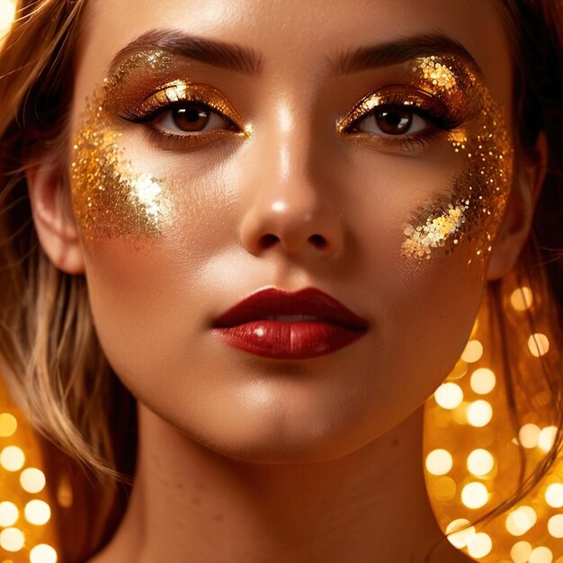 Photo woman with gold glitter on her face luxury glamorous fashion fun beauty concept