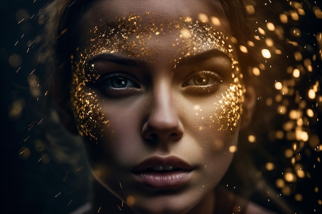 a woman with gold glitter on her face