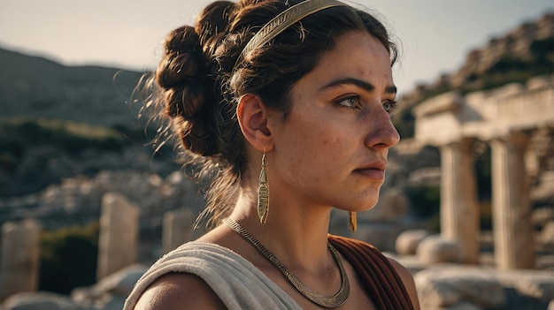 A woman with a gold headband and earrings stands in front of a stone building