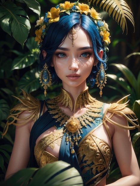 A woman with gold jewelry and a necklace in the jungle