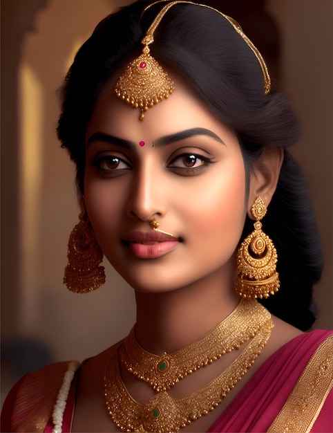 A woman with gold jewelry and a red sari