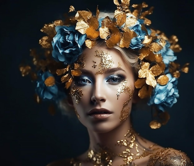 A woman with gold makeup and blue flowers on her face