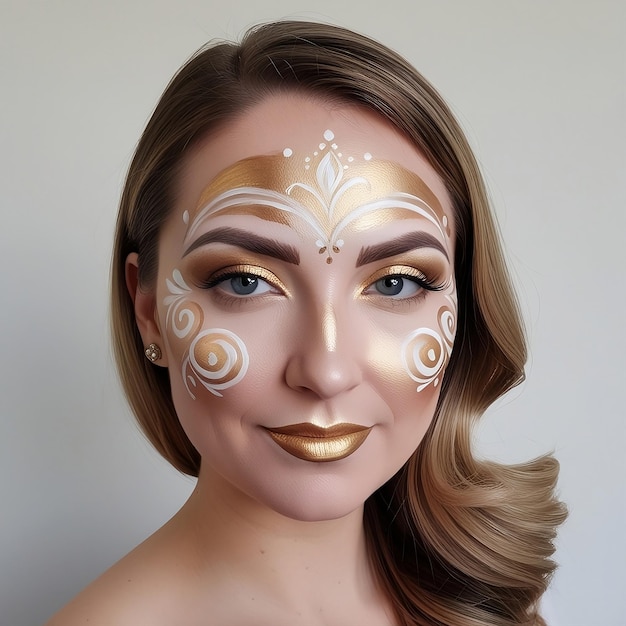 A woman with gold makeup on her face and the word e