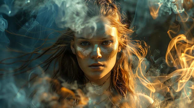 A woman with gold makeup looks intensely at the camera through swirling smoke