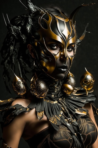 A woman with a gold mask and wings on her face