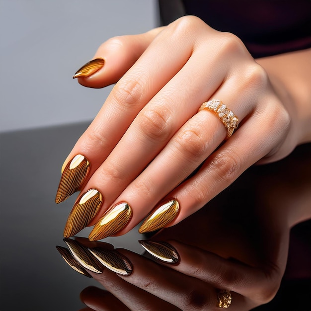 a woman with gold nails and gold nails with a gold ring on her finger