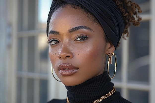 a woman with a gold necklace and earrings is wearing a black headband