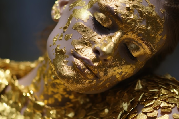 a woman with gold paint on her face