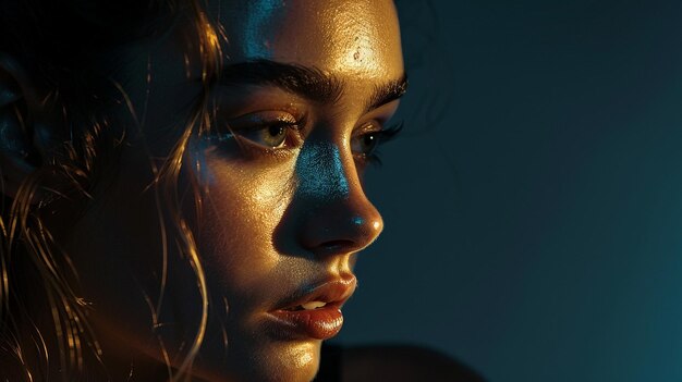 a woman with a gold painted face and a black background