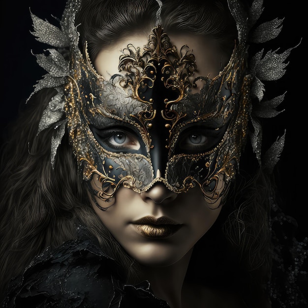 A woman with a gold and silver mask on her face.