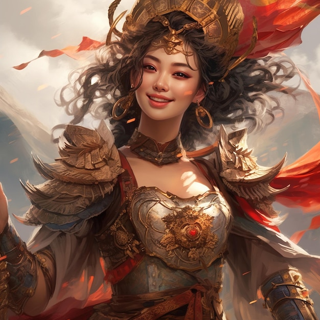 A woman with a golden crown and armor is smiling