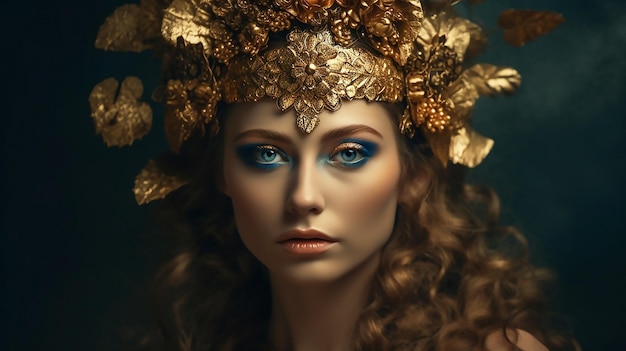 A woman with a golden crown and blue eyes is standing in front of a dark background.